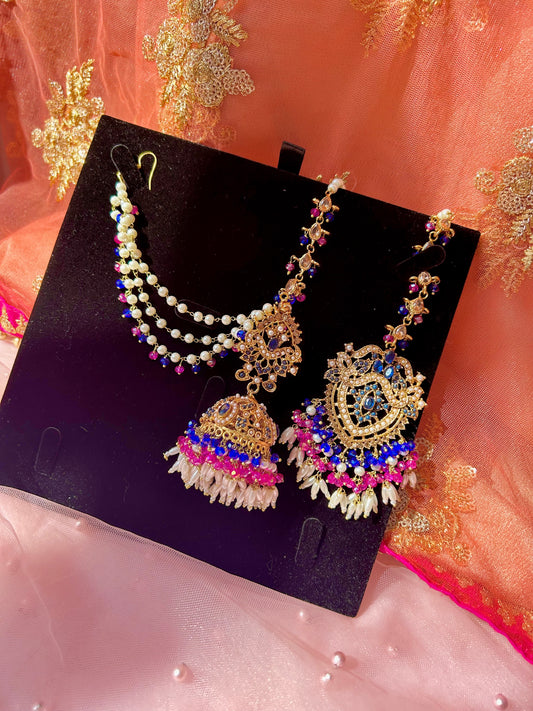 Hadia earring & tikka set ~ fuschia & royal blue