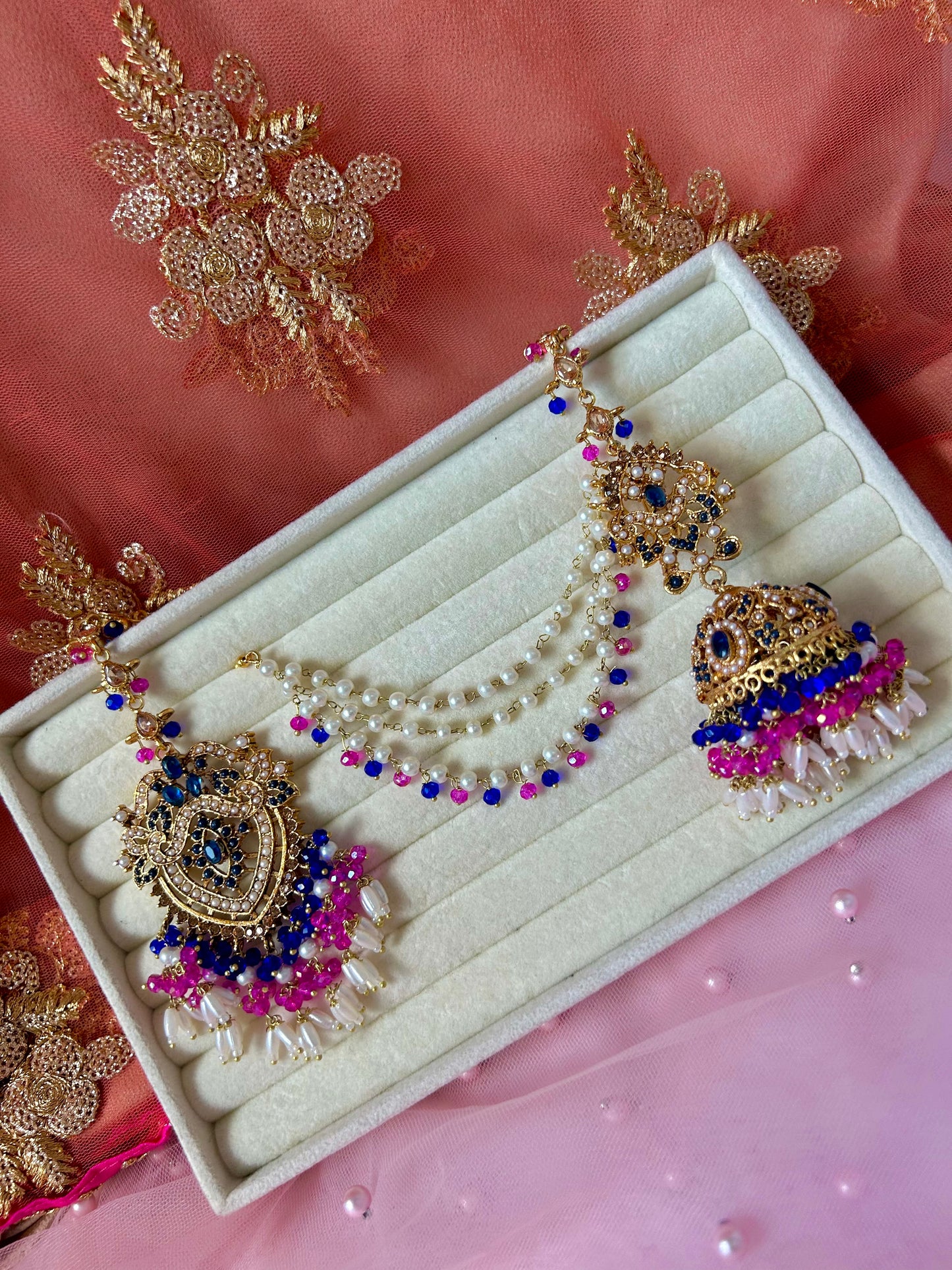 Hadia earring & tikka set ~ fuschia & royal blue