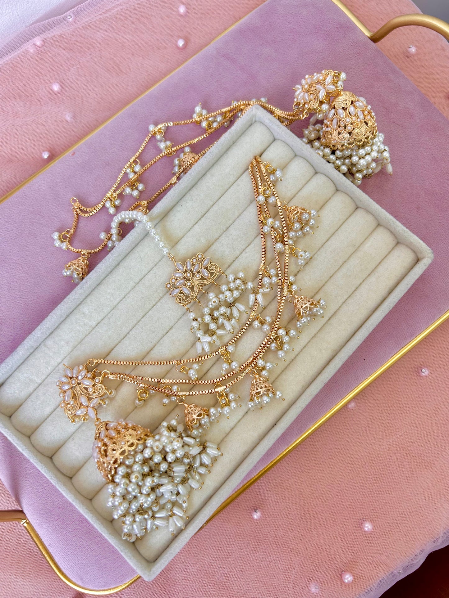 Qudsia earring & tikka set ~Pearl&champagne