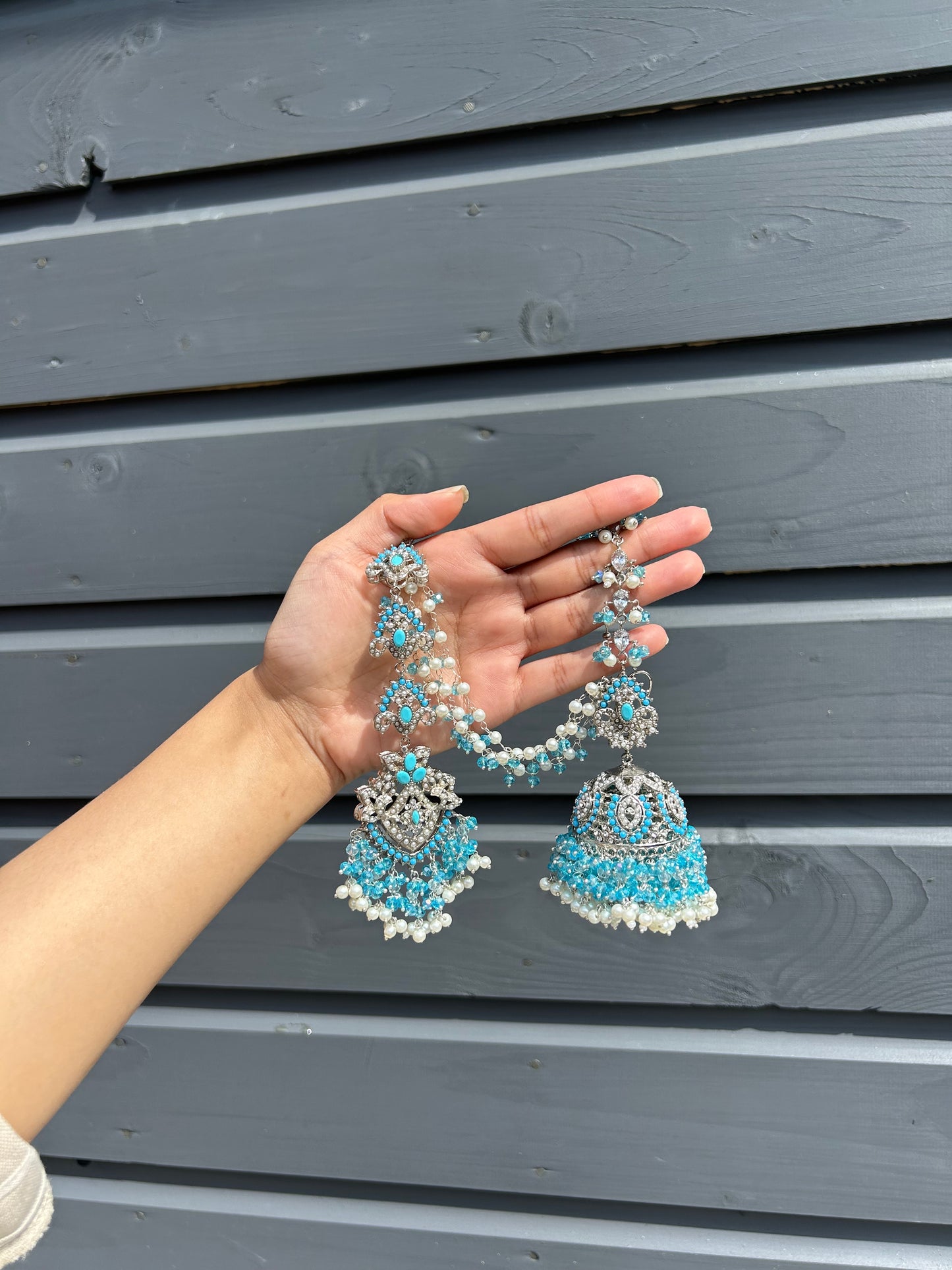 Natalia earring & tikka set~ Baby Blue & Silver