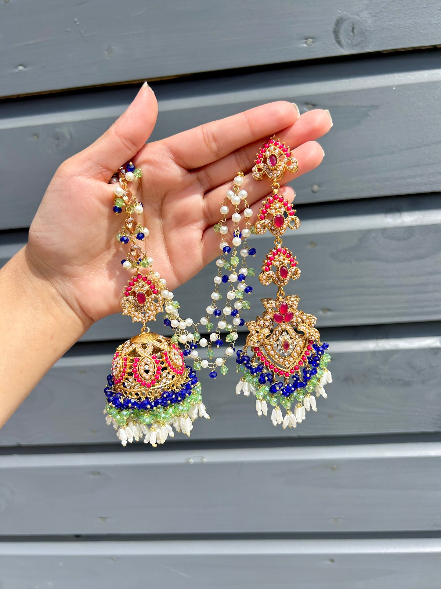 Natalia earring & tikka set~ Royal Blue, Green & Maroon with Gold