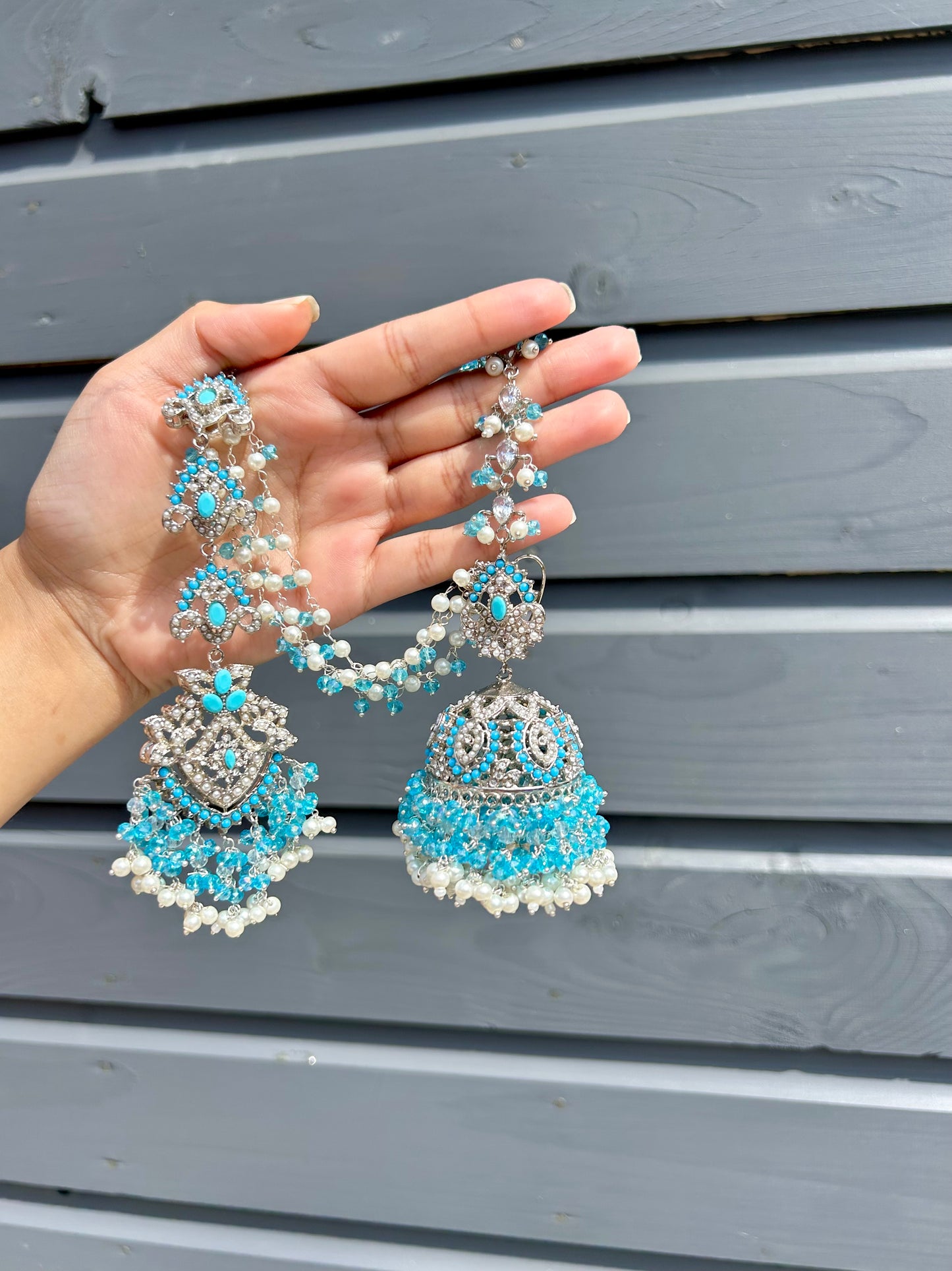 Natalia earring & tikka set~ Baby Blue & Silver