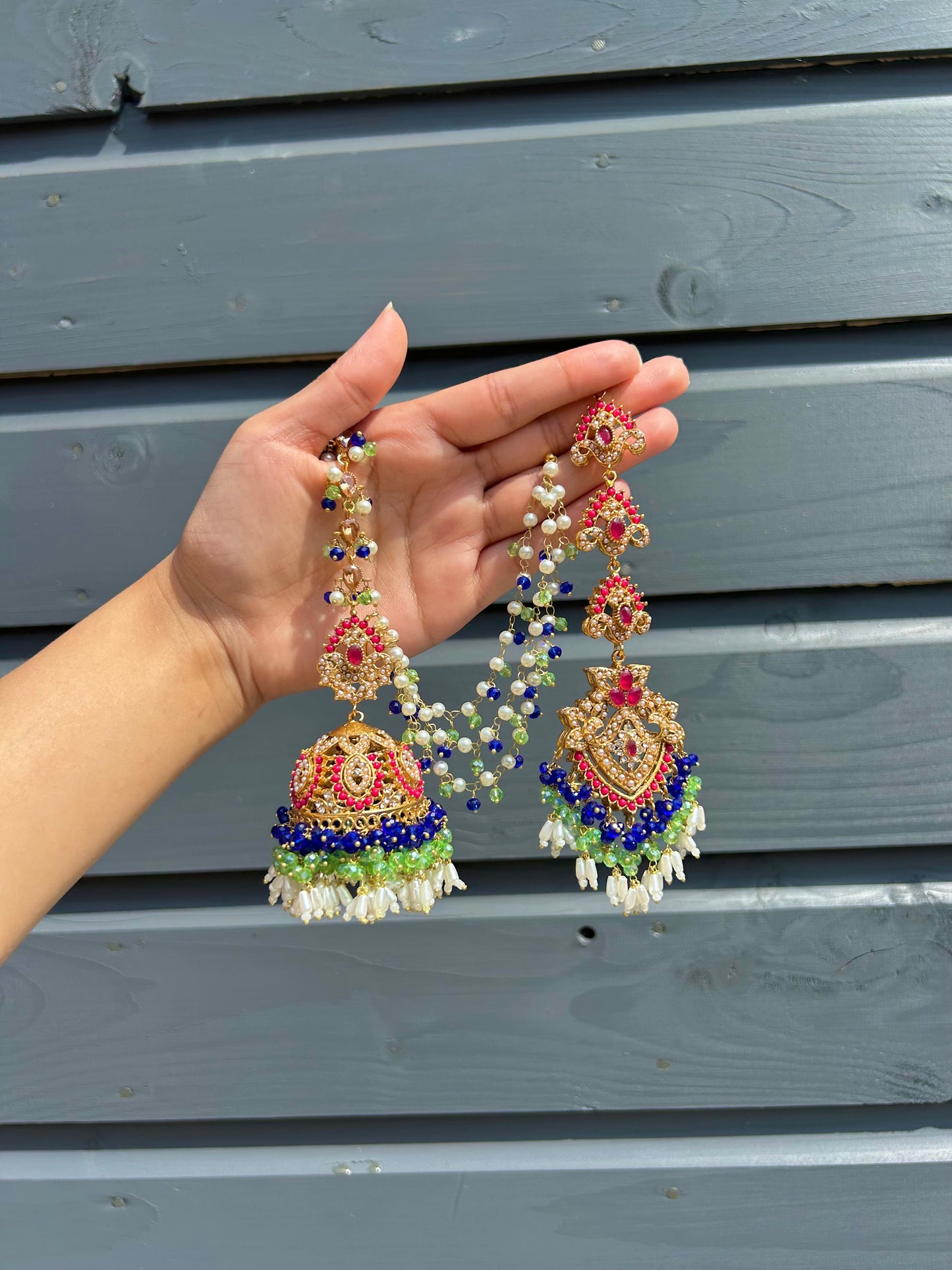 Natalia earring & tikka set~ Royal Blue, Green & Maroon with Gold