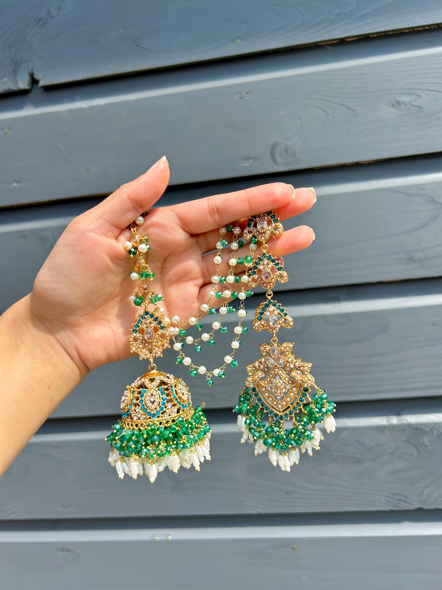 Natalia earring & tikka set~Green tones & Gold