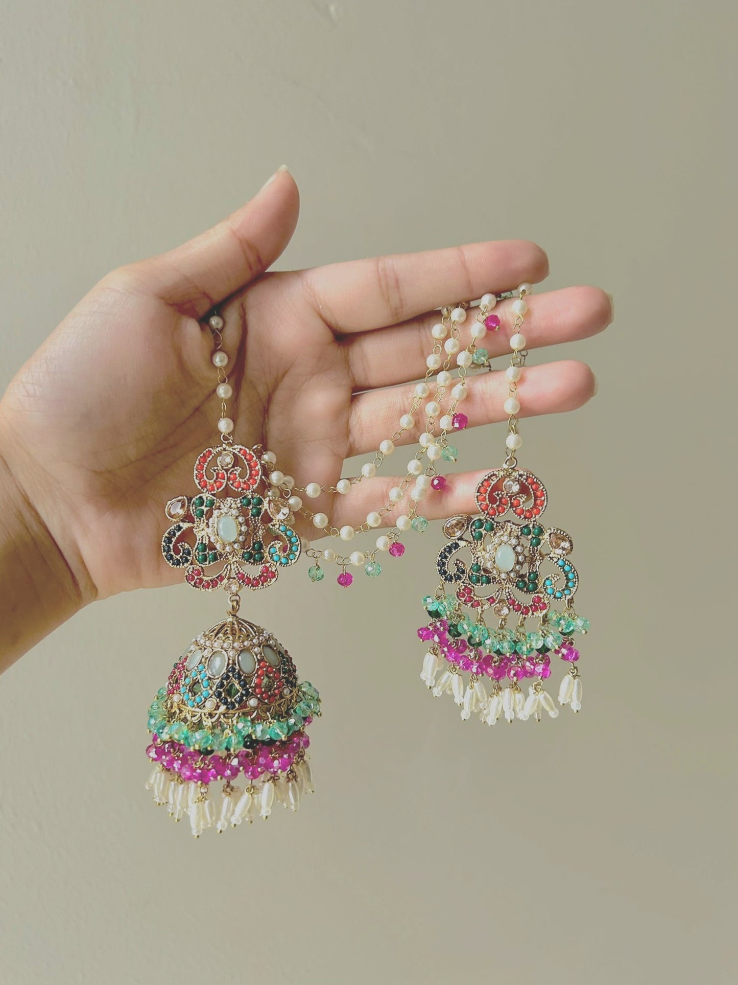 Amna earring & tikka set ~ Aqua&Fuschia