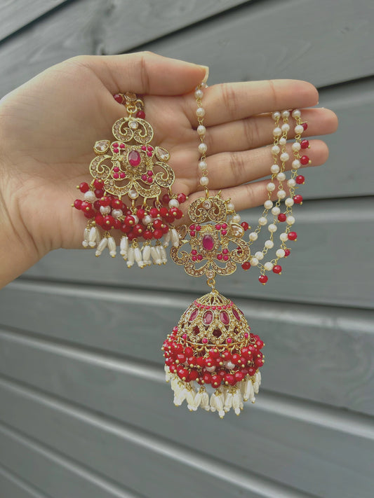 Amna earring & tikka set ~ Red