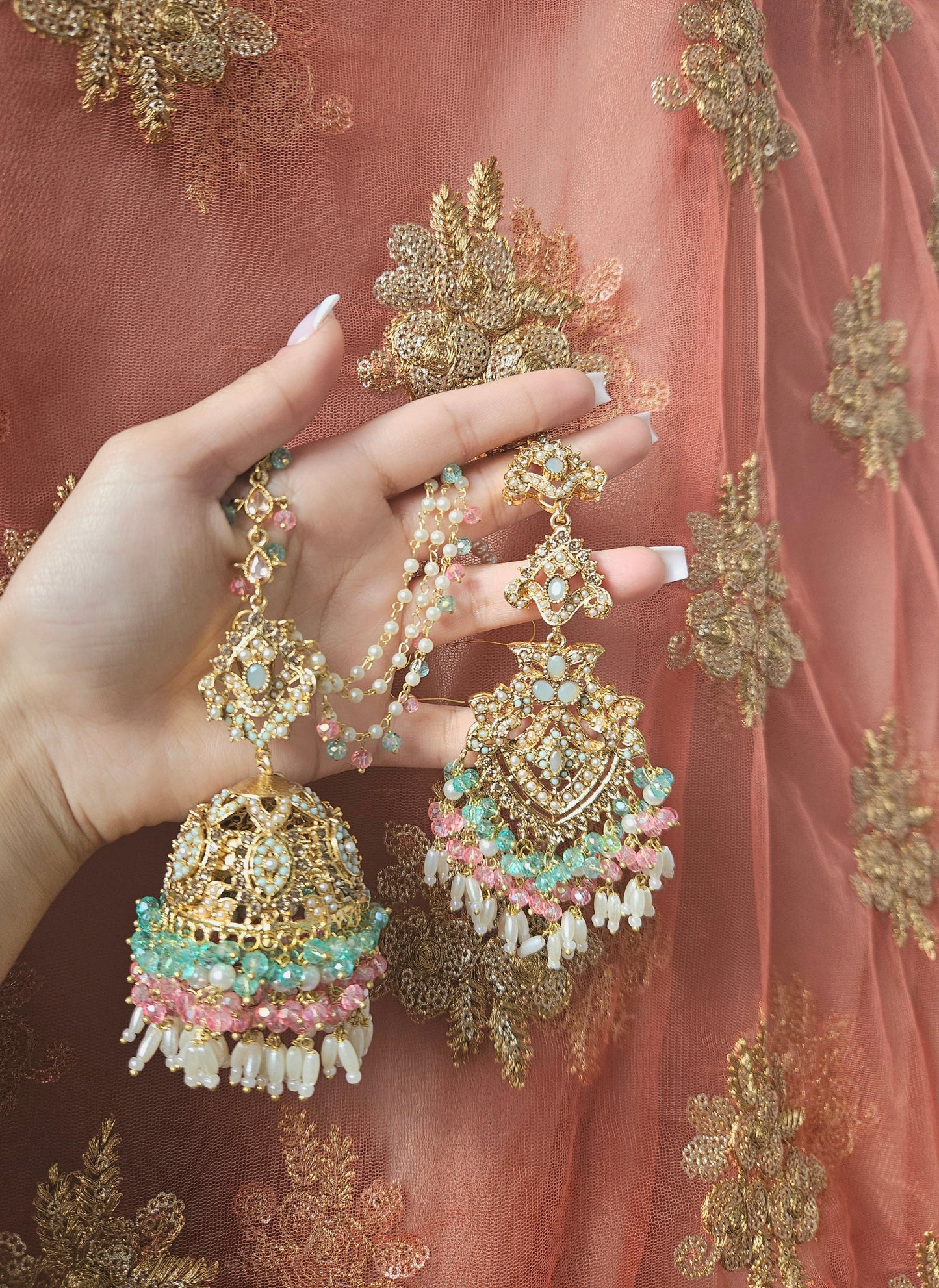 Natalia earring & tikka set ~ baby pink&aqua