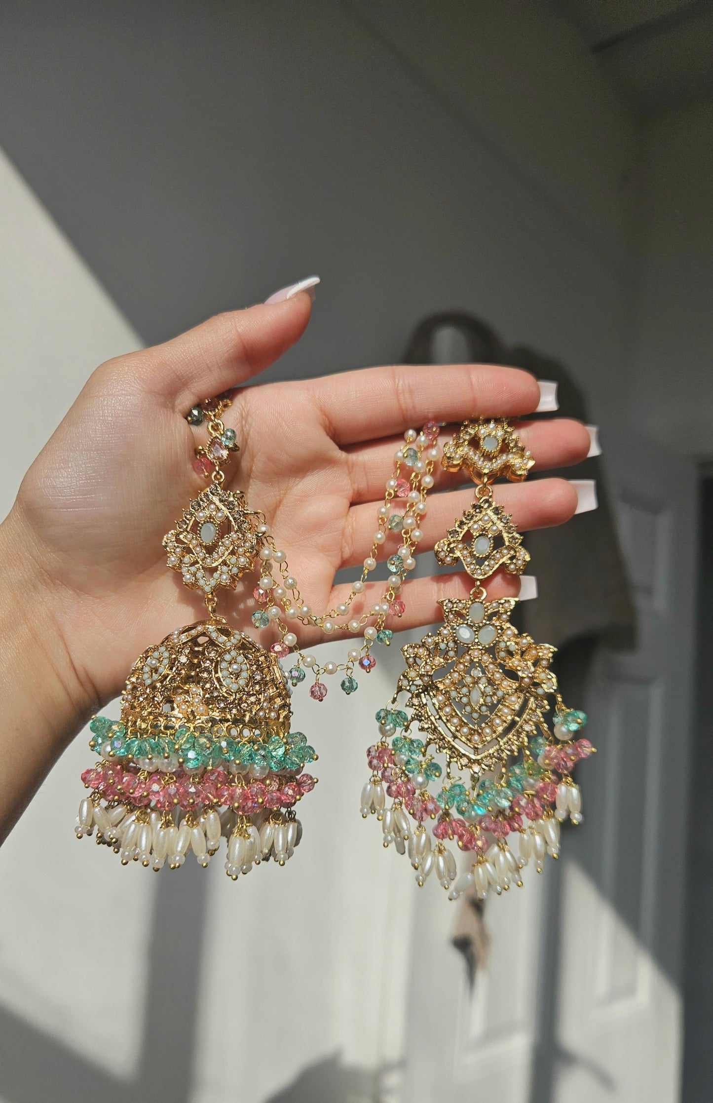 Natalia earring & tikka set ~ baby pink&aqua