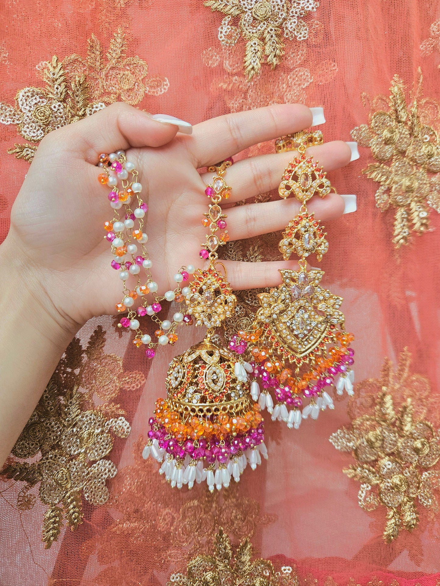 Natalia earring & tikka set ~Orange&Pink