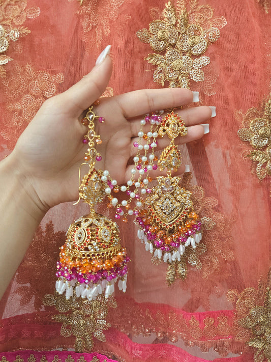 Natalia earring & tikka set ~Orange&Pink