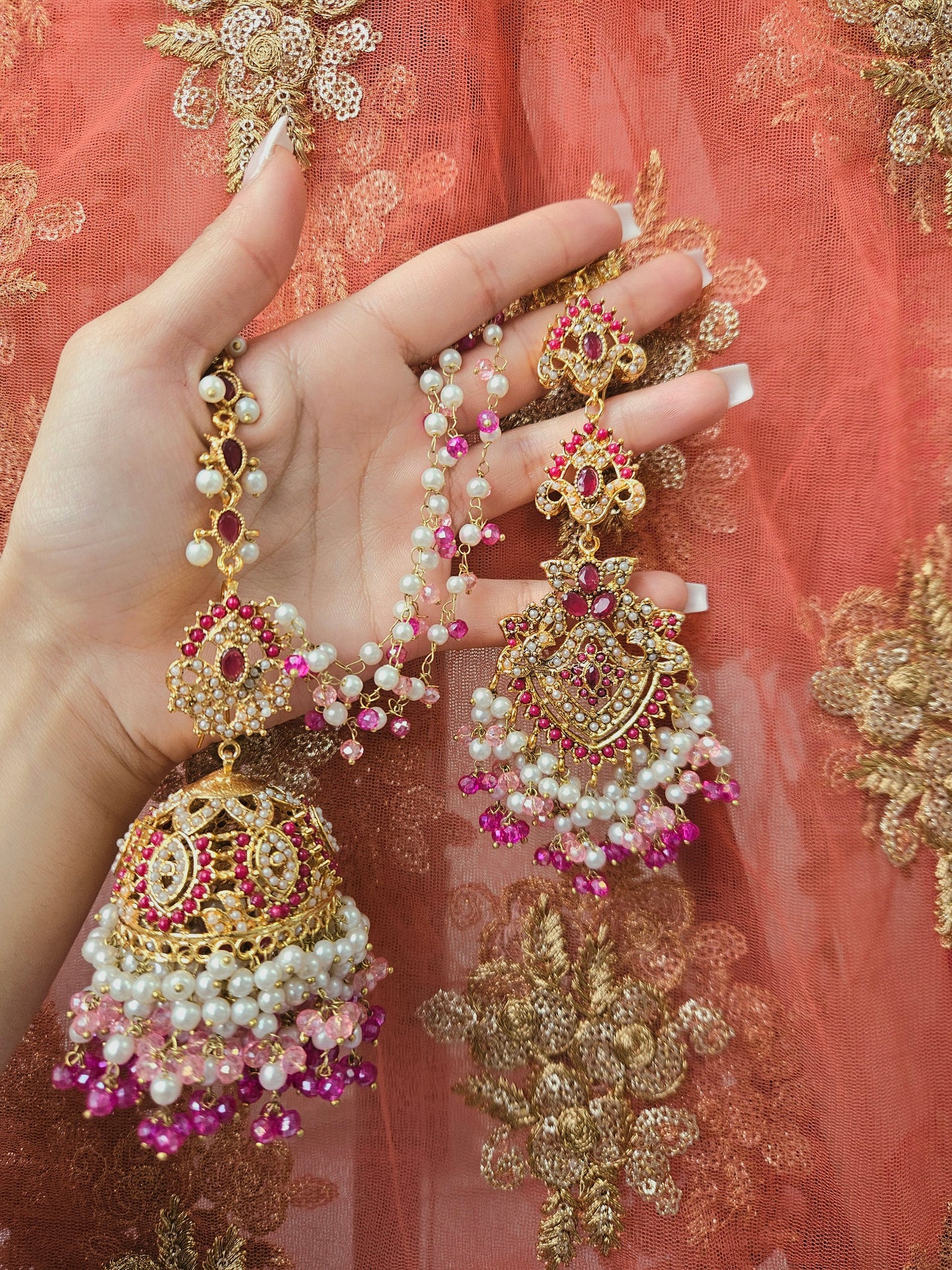 Natalia earring & tikka set ~Pink tones & Gold