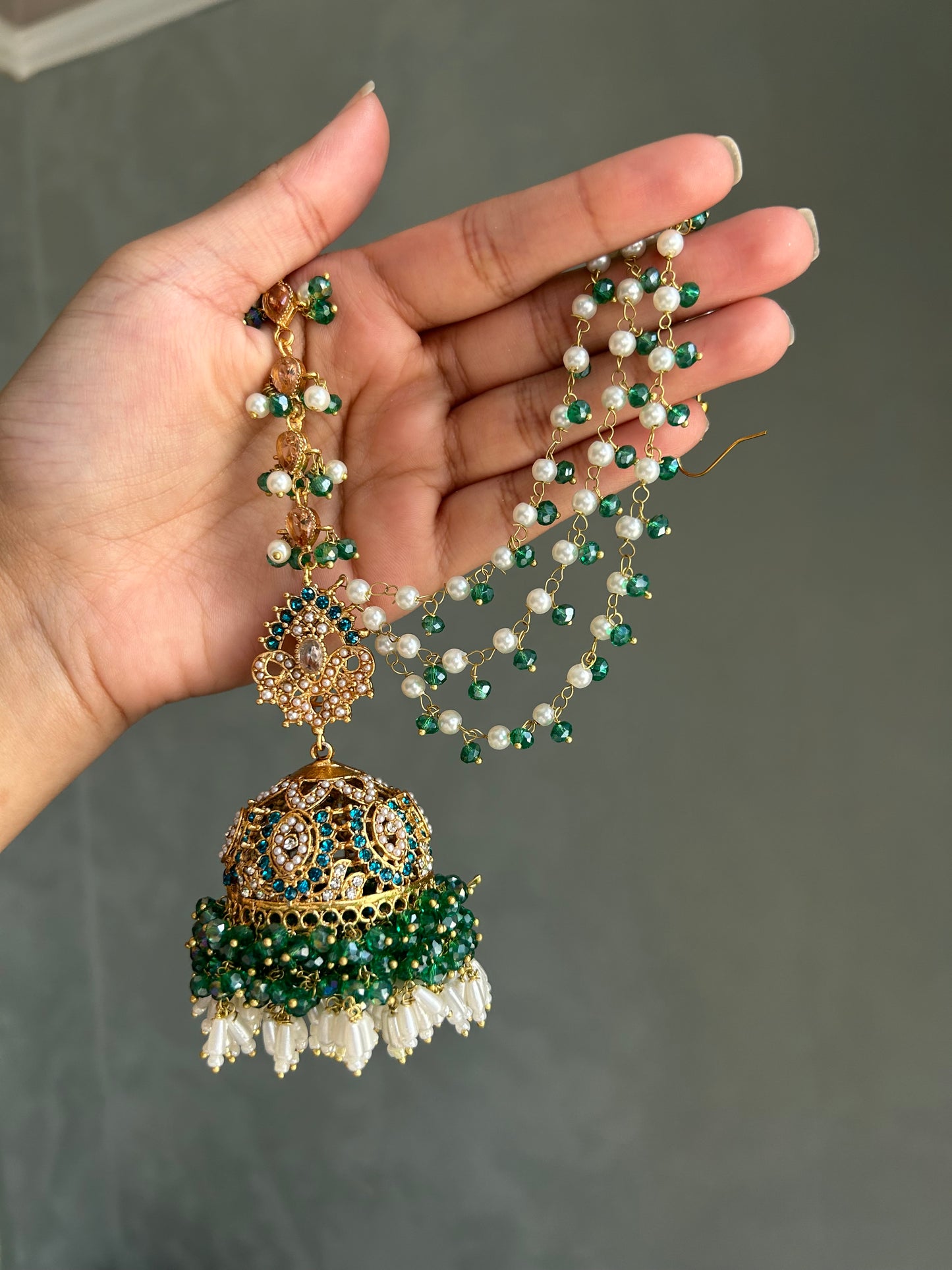 Natalia earring & tikka set~Green tones & Gold