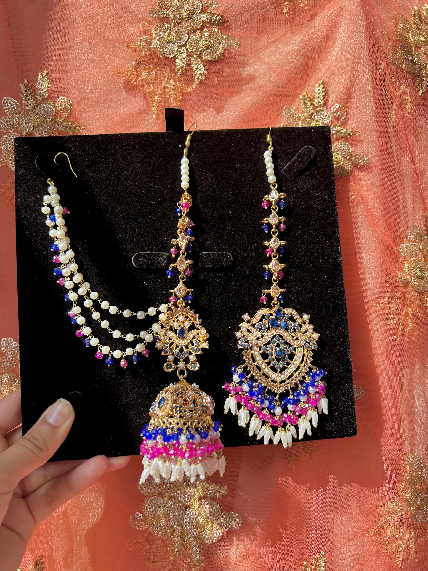 Hadia earring & tikka set ~ fuschia & royal blue