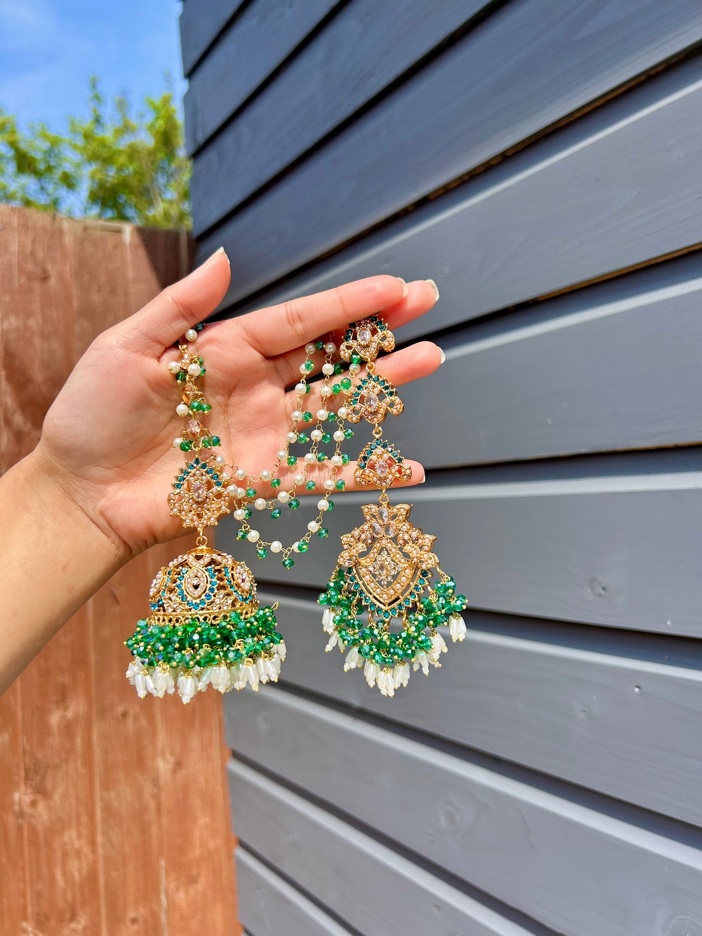 Natalia earring & tikka set~Green tones & Gold