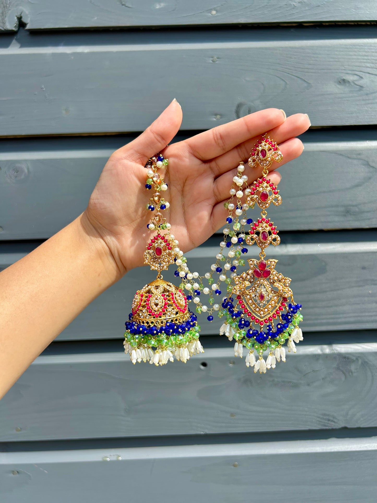 Natalia earring & tikka set~ Royal Blue, Green & Maroon with Gold