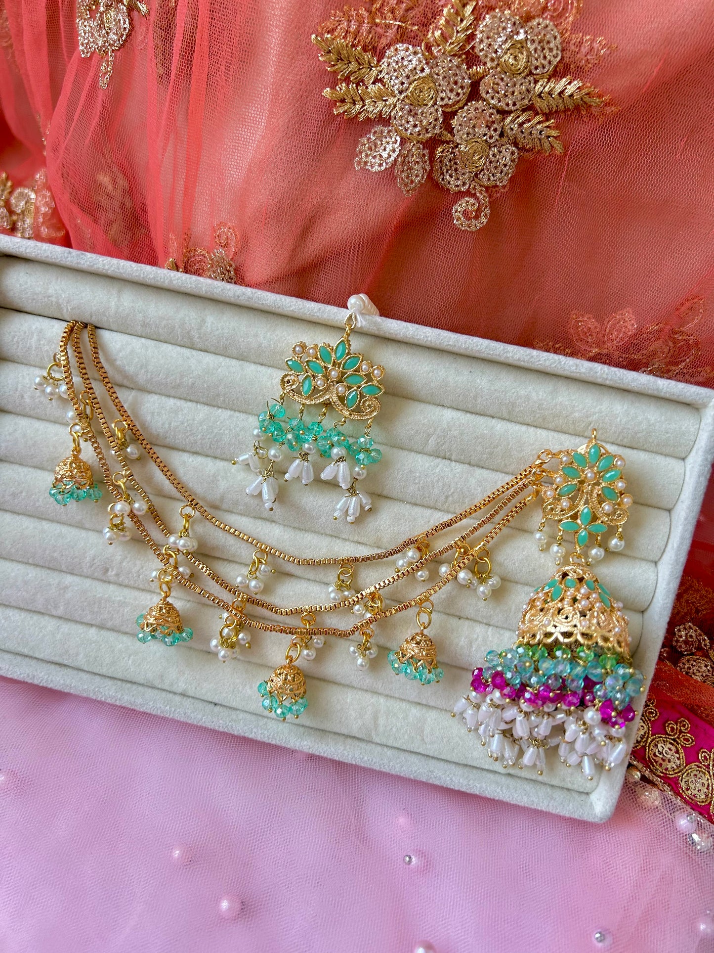 Qudsia earring & tikka set ~Mint & Pink