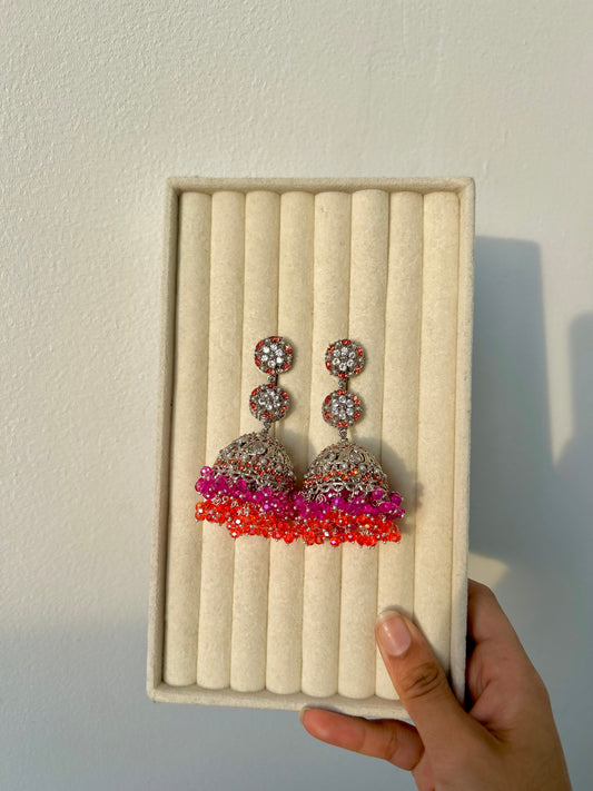 Nafeesa earrings ~ Silver, Orange & Pink