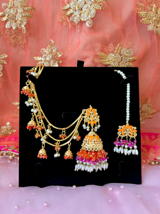 Qudsia earring & tikka set ~Pink & Orange