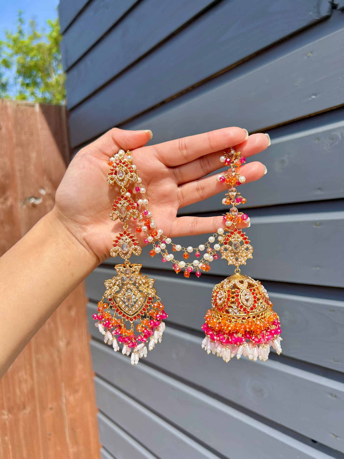 Natalia earring & tikka set ~Orange&Pink