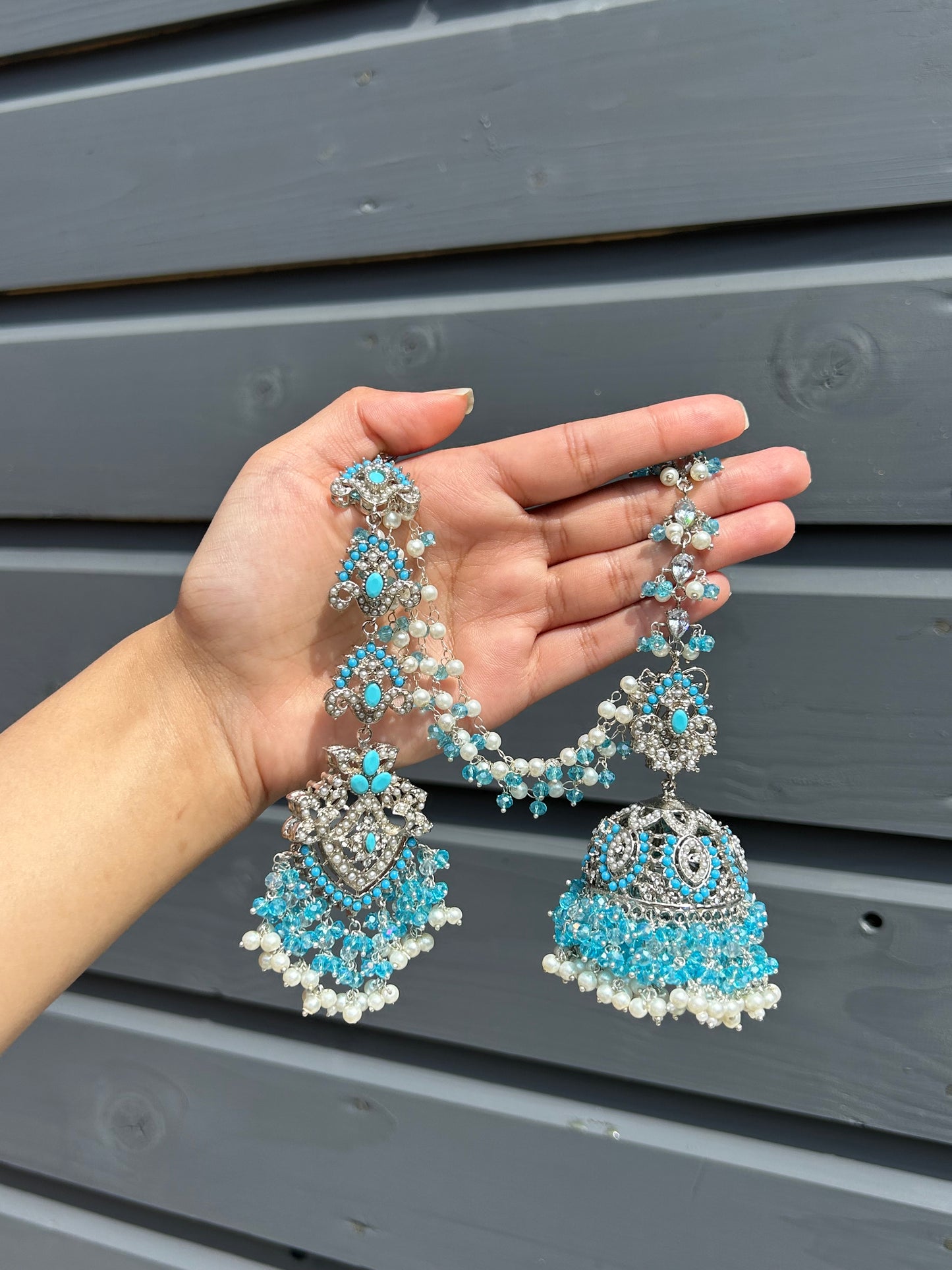 Natalia earring & tikka set~ Baby Blue & Silver