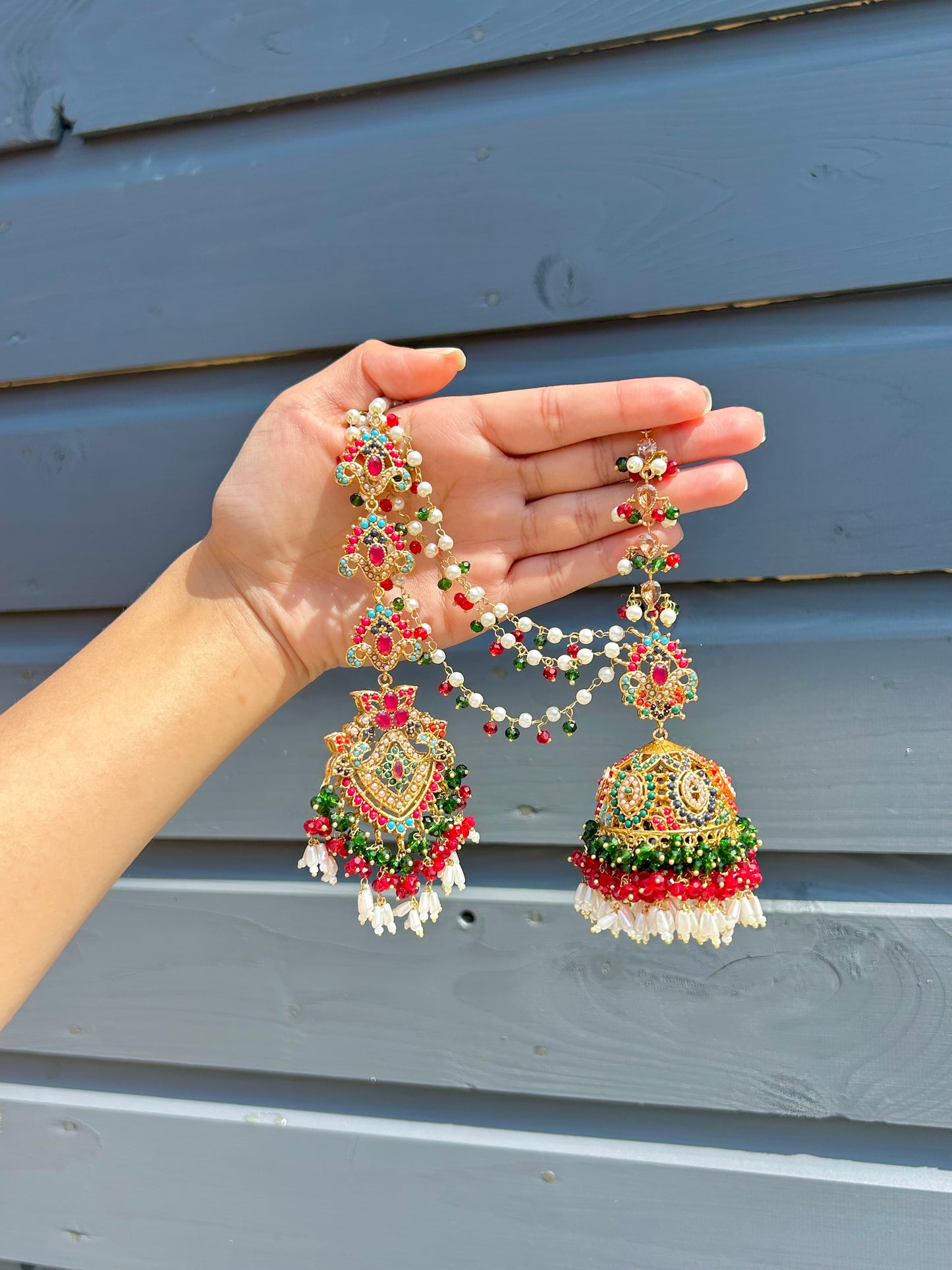 Natalia earring & tikka set ~ Red & Green with Gold