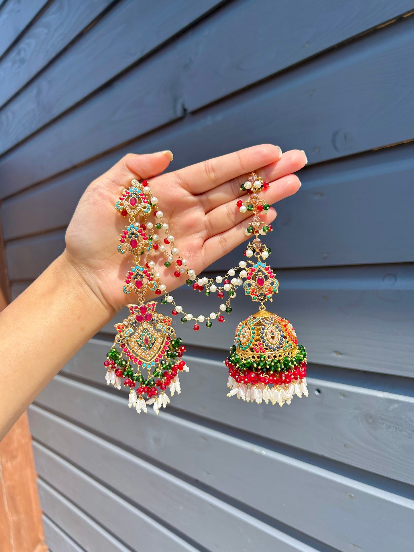 Natalia earring & tikka set ~ Red & Green with Gold