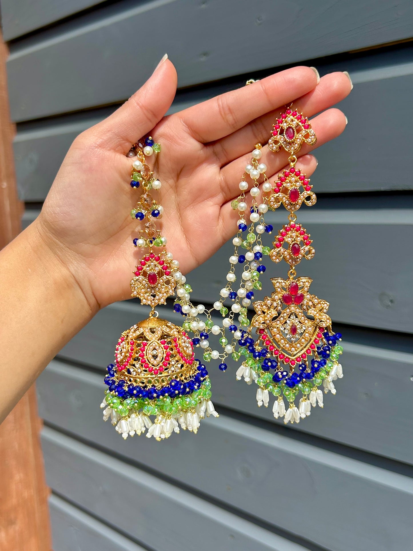 Natalia earring & tikka set~ Royal Blue, Green & Maroon with Gold