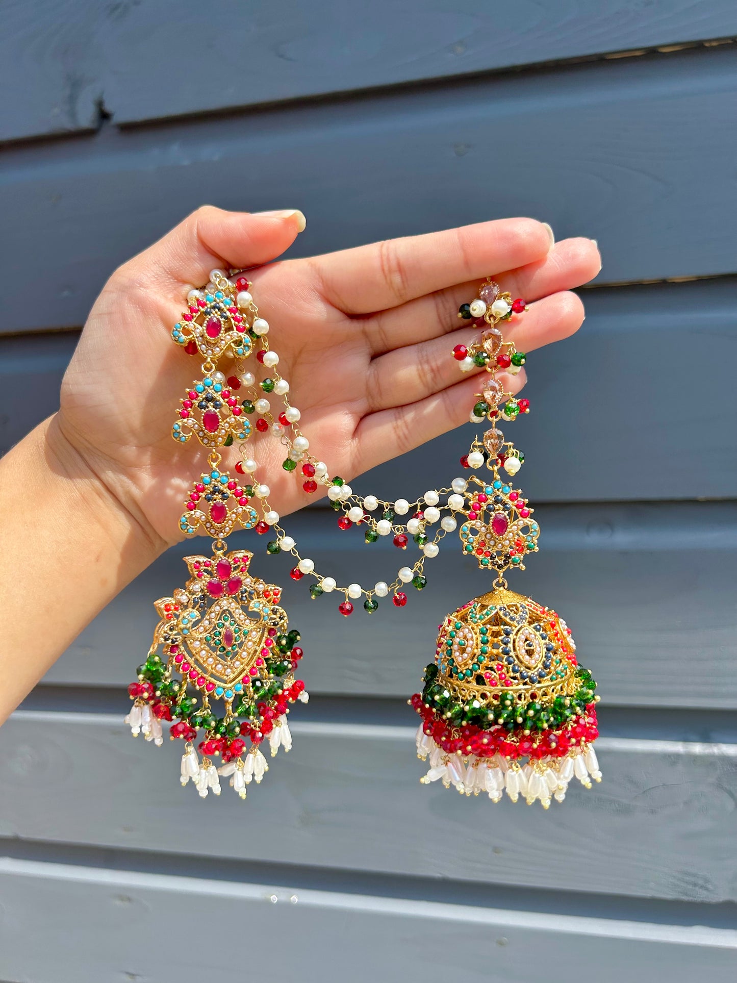 Natalia earring & tikka set ~ Red & Green with Gold