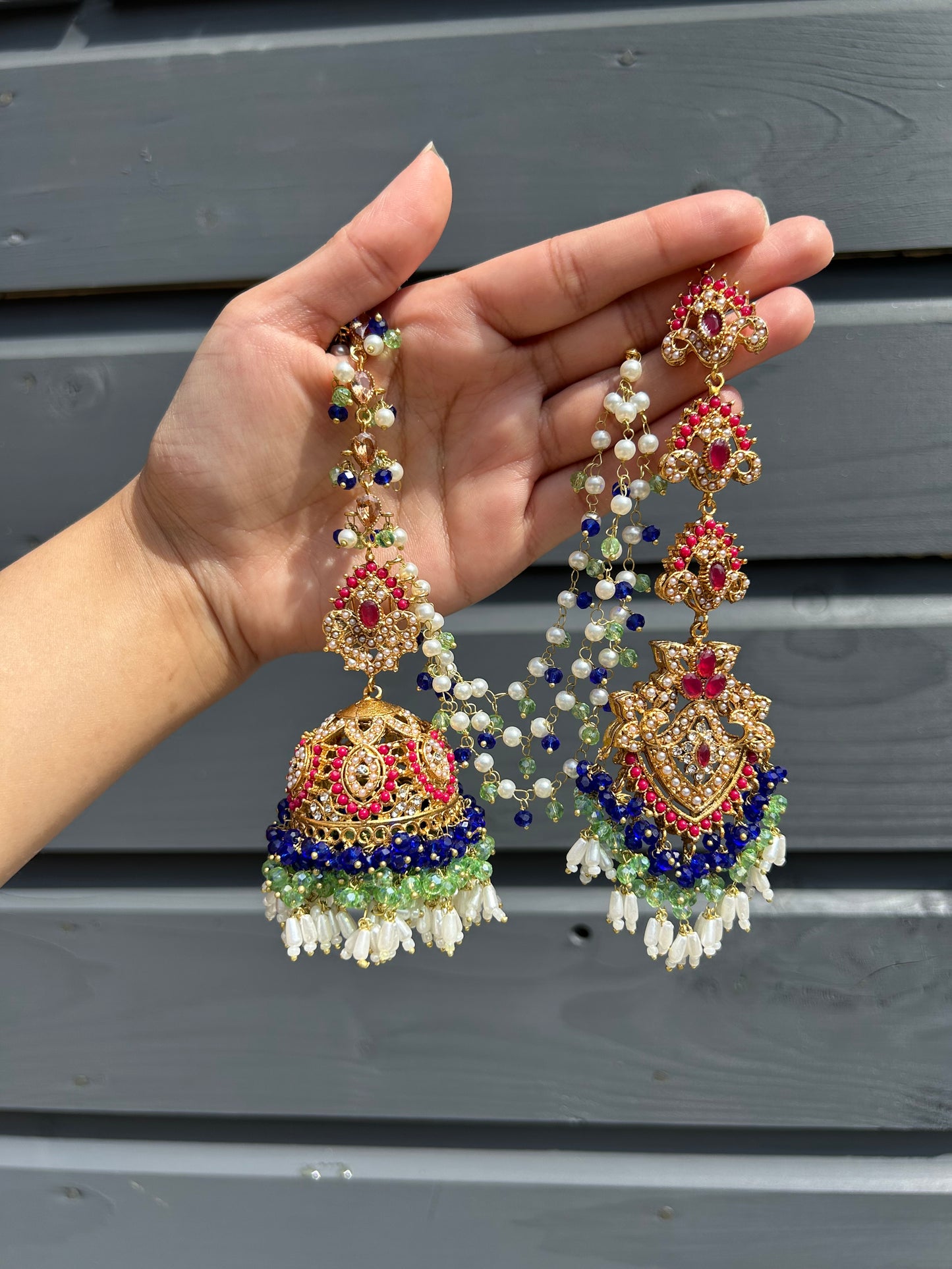 Natalia earring & tikka set~ Royal Blue, Green & Maroon with Gold