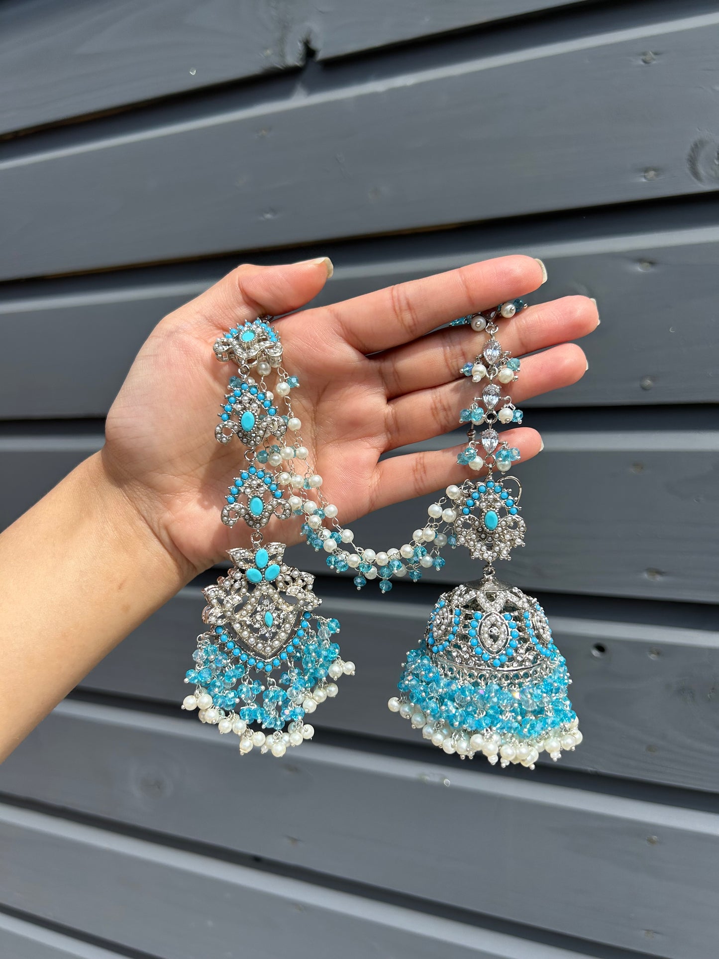 Natalia earring & tikka set~ Baby Blue & Silver