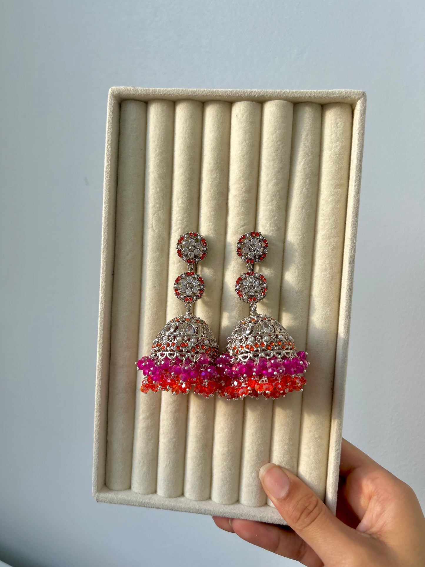 Nafeesa earrings ~ Silver, Orange & Pink