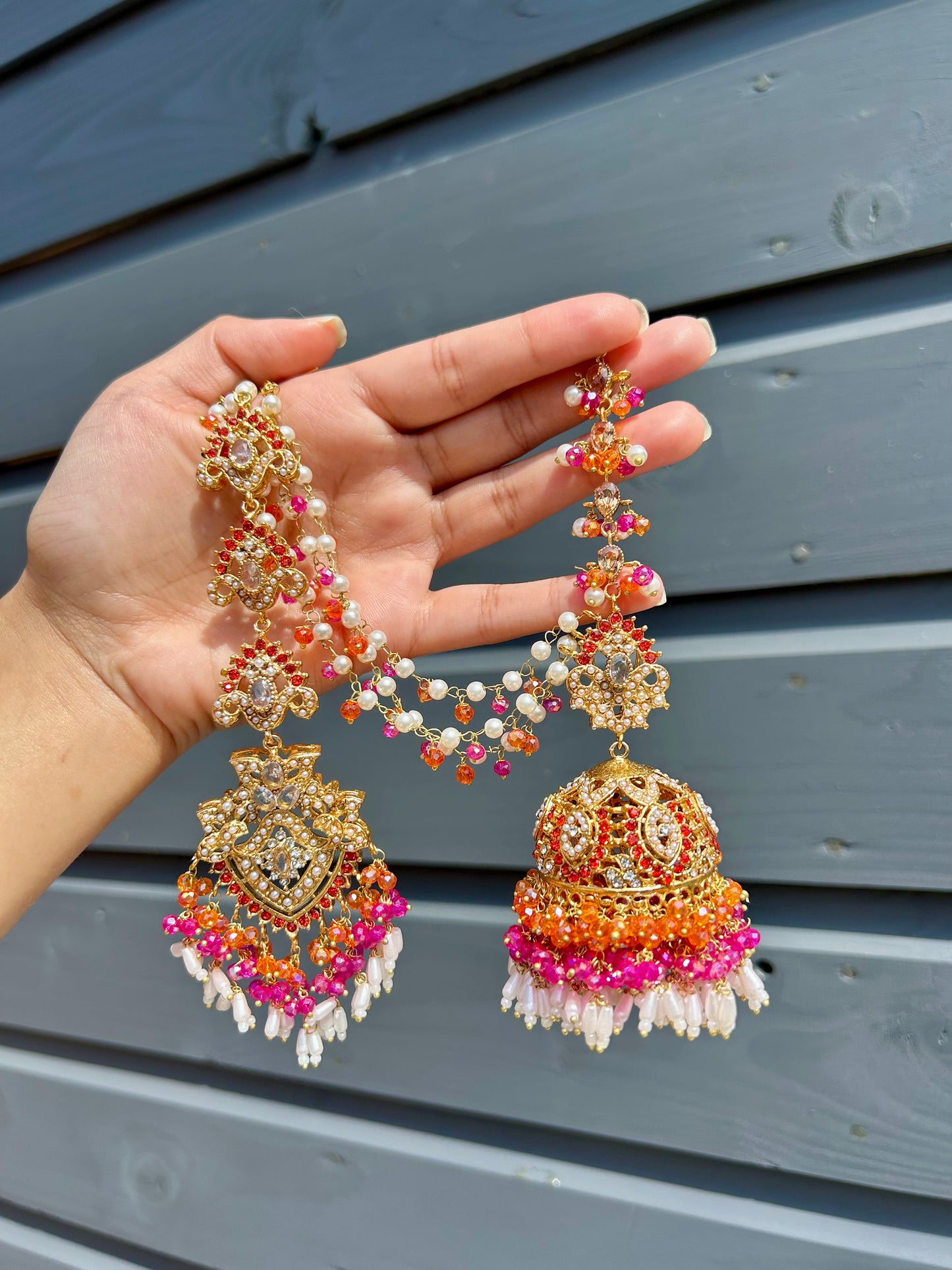 Natalia earring & tikka set ~Orange&Pink