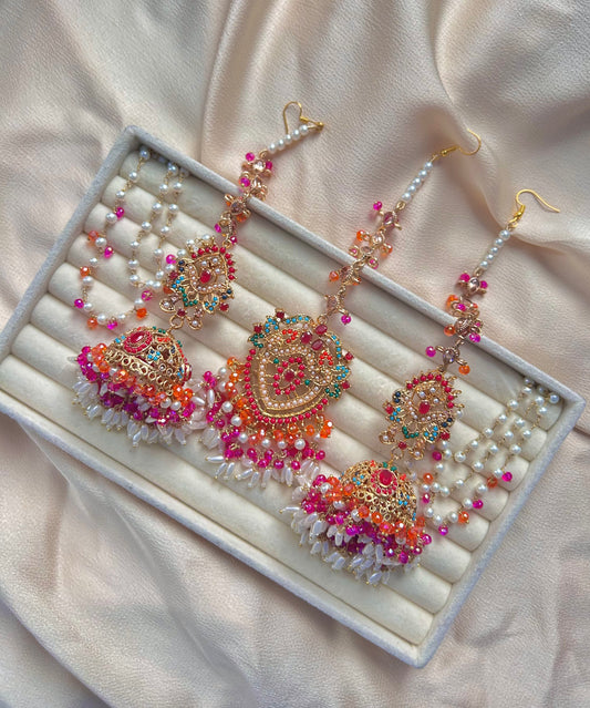 Hadia earring & tikka set ~Fuschia & Orange