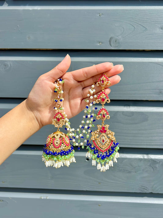 Natalia earring & tikka set~ Royal Blue, Green & Maroon with Gold