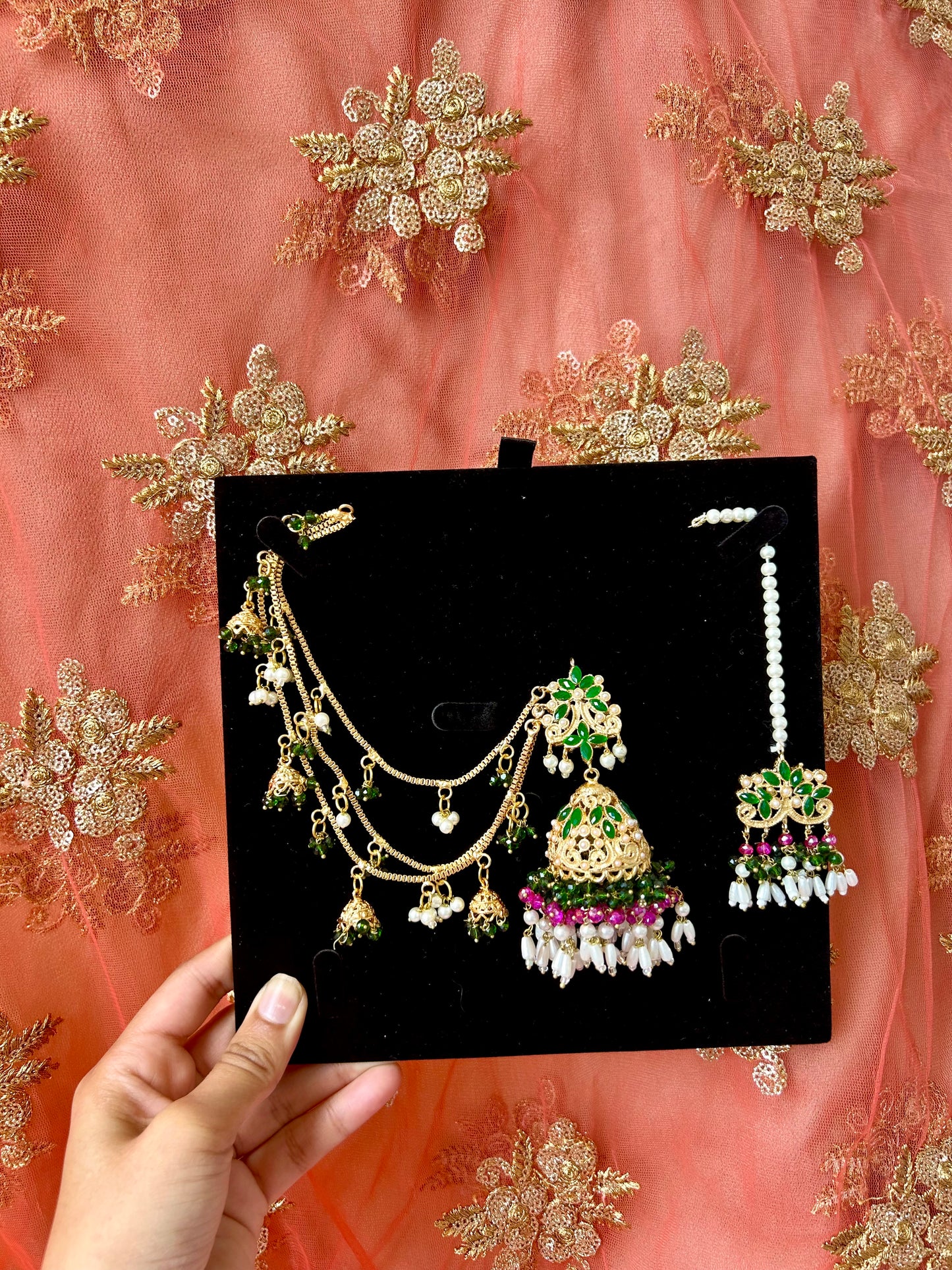 Qudsia earring & tikka set ~Dark green & Pink