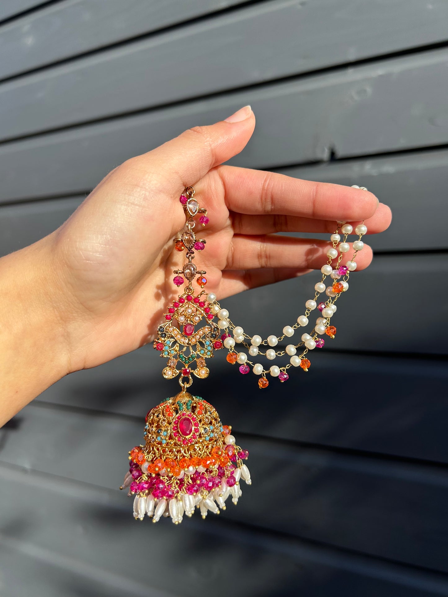 Hadia earring & tikka set ~Fuschia & Orange