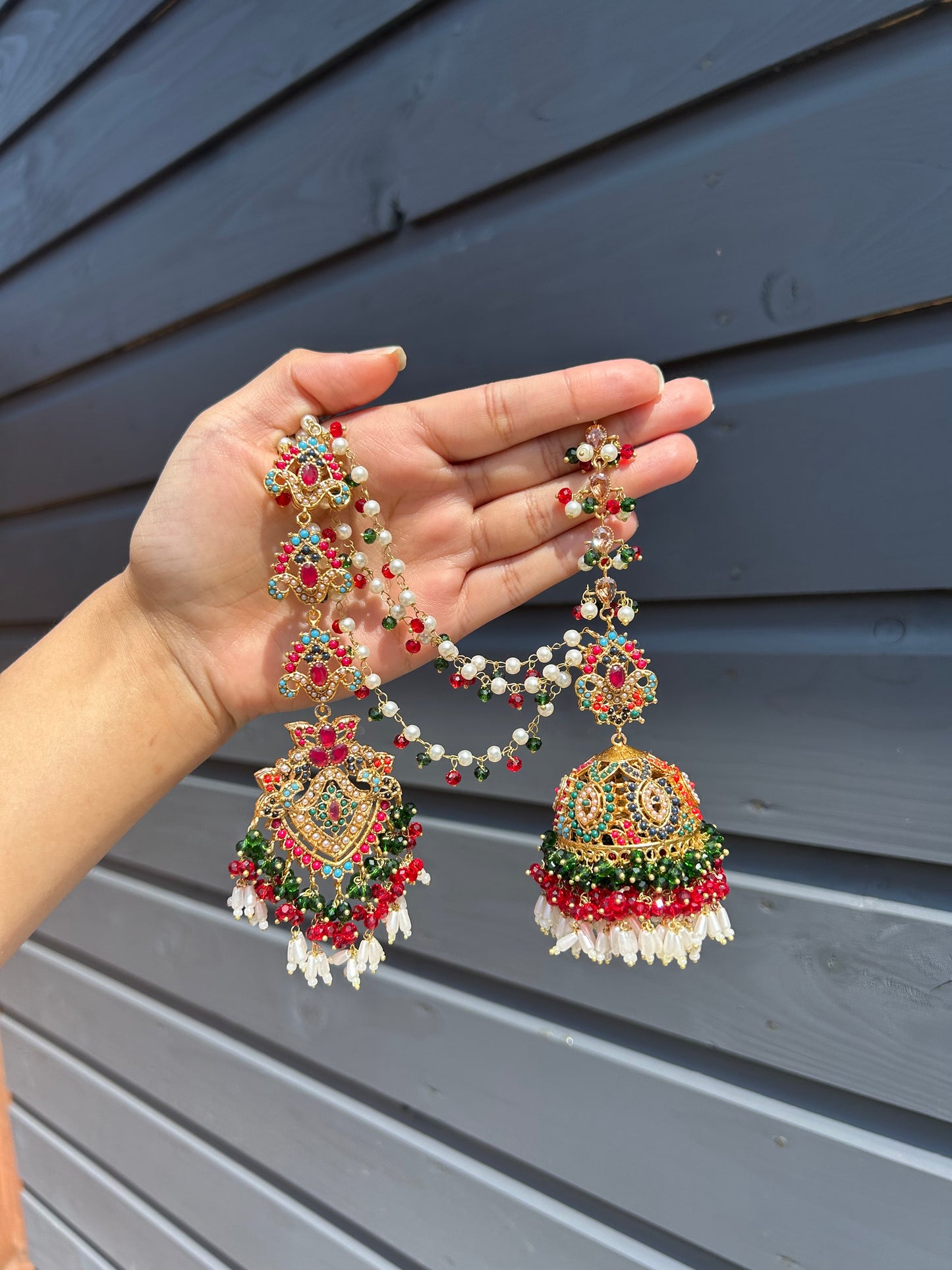 Natalia earring & tikka set ~ Red & Green with Gold