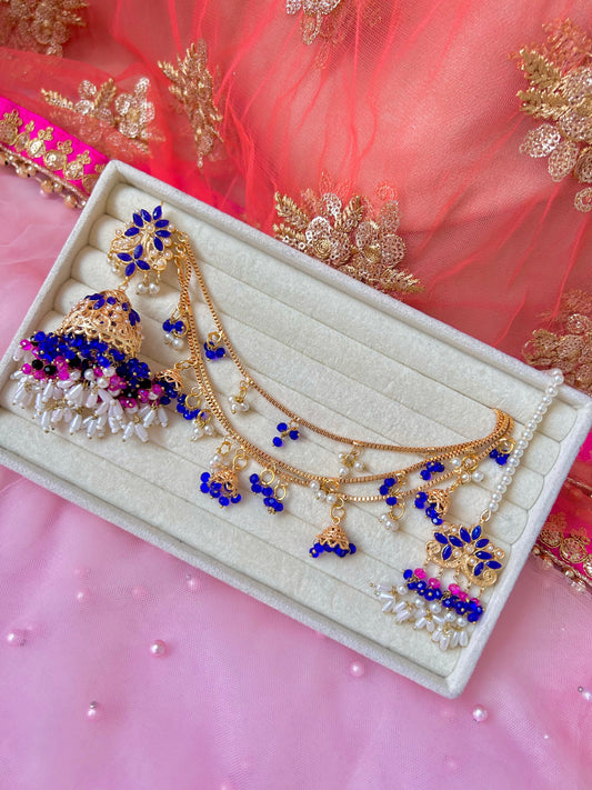 Qudsia earring & tikka set ~Royal Blue & Pink