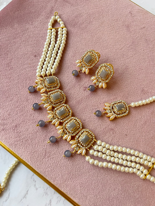 Nusrat jewellery set -pearl grey