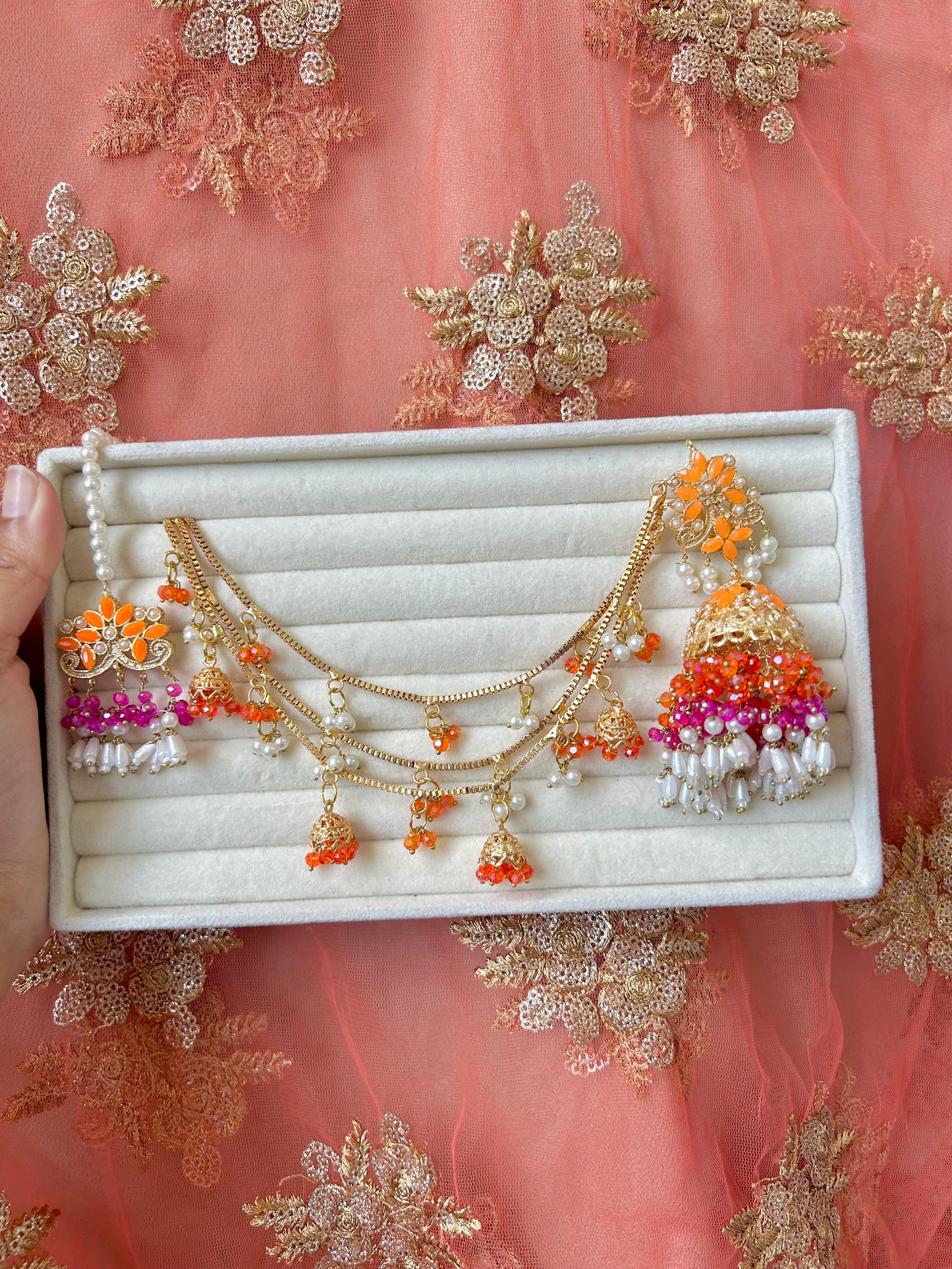 Qudsia earring & tikka set ~Pink & Orange