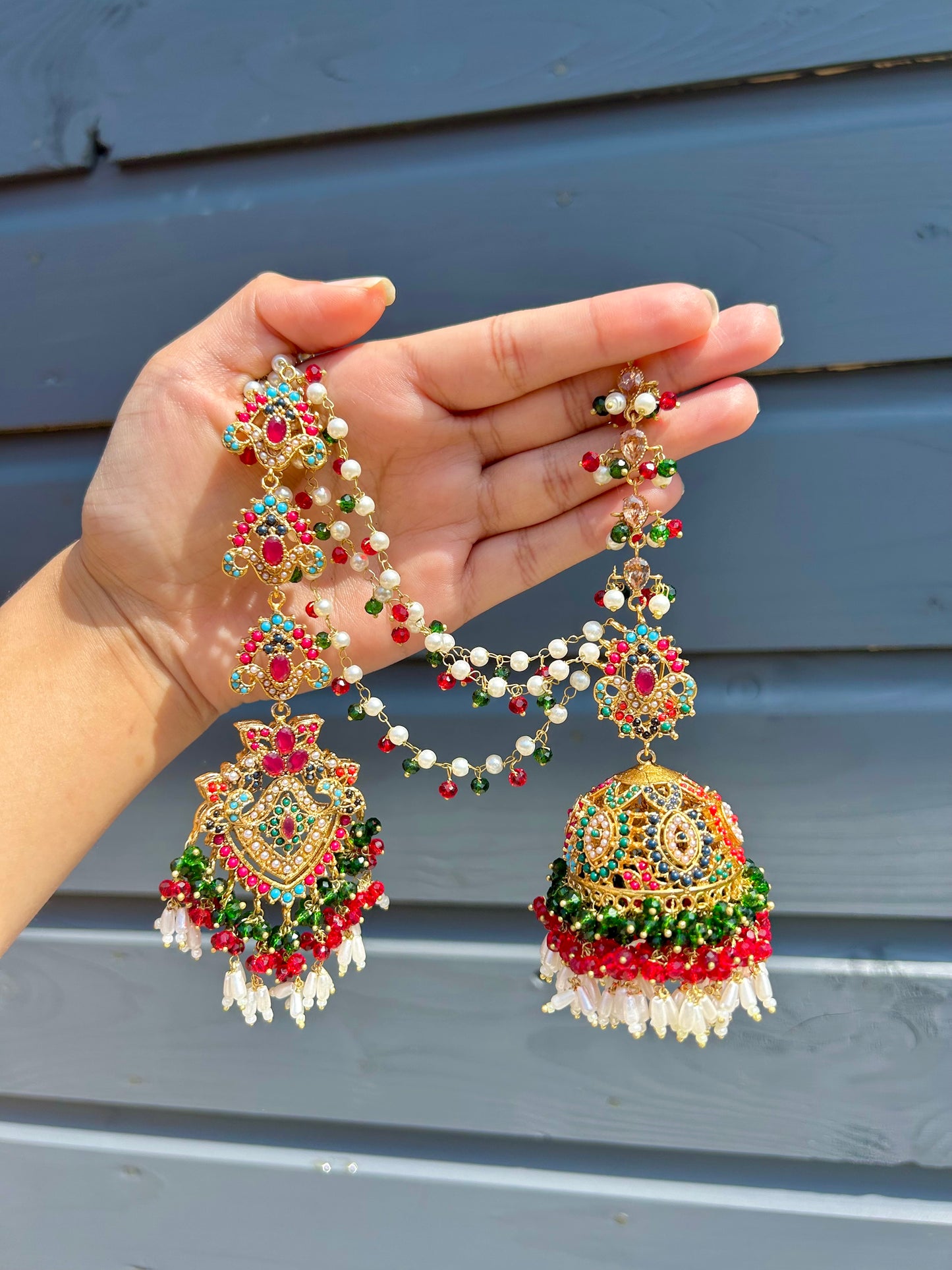 Natalia earring & tikka set ~ Red & Green with Gold