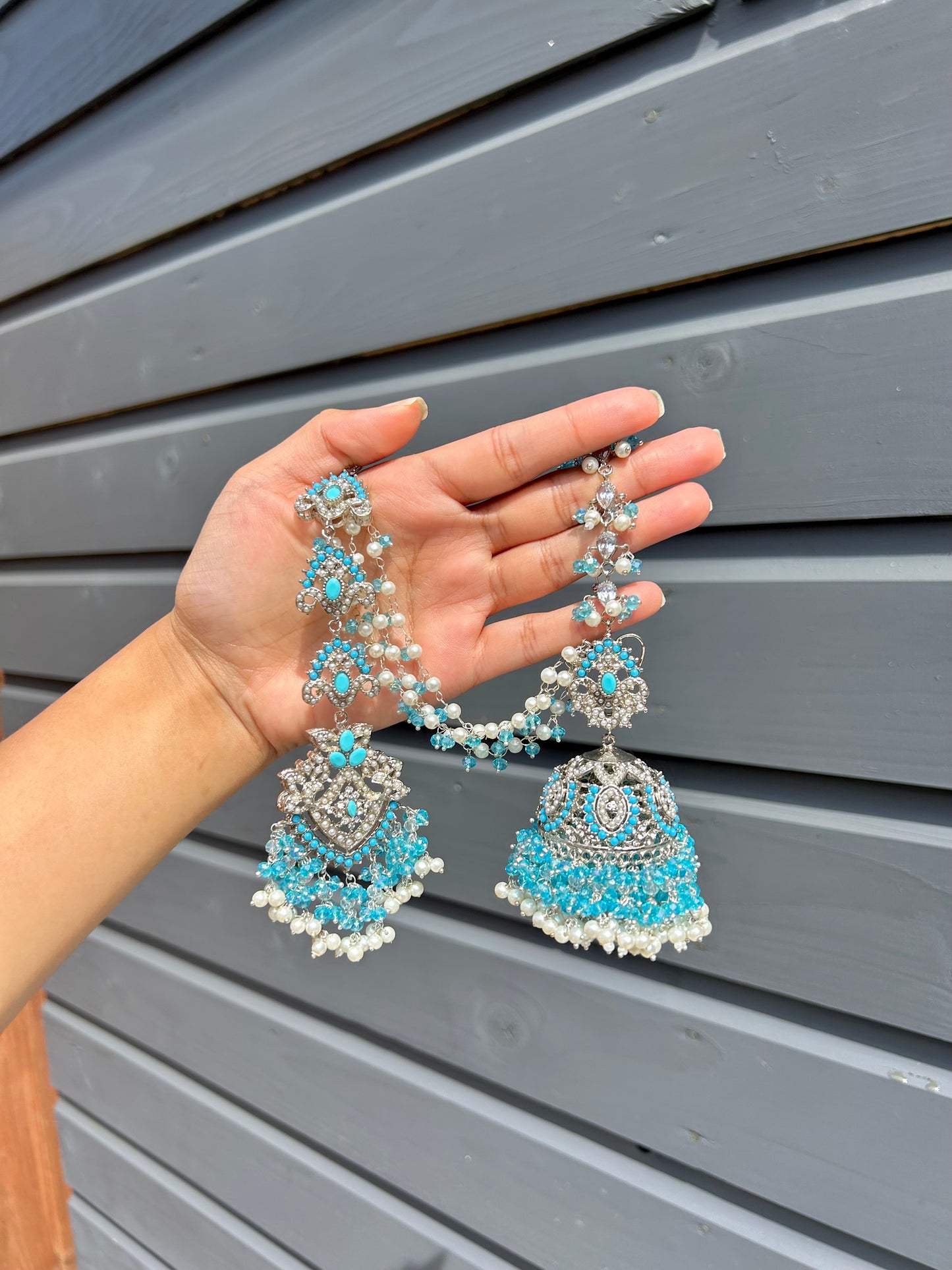 Natalia earring & tikka set~ Baby Blue & Silver