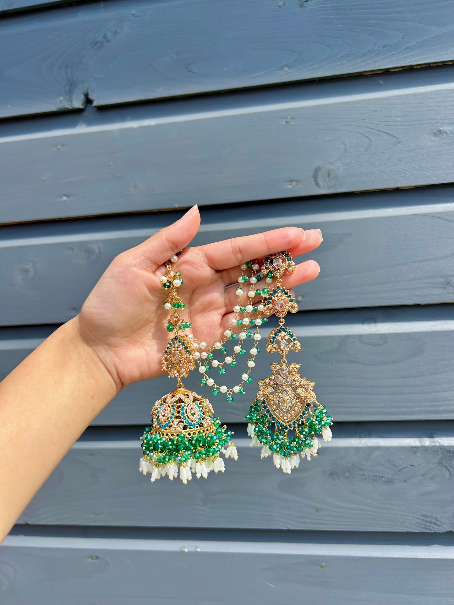 Natalia earring & tikka set~Green tones & Gold