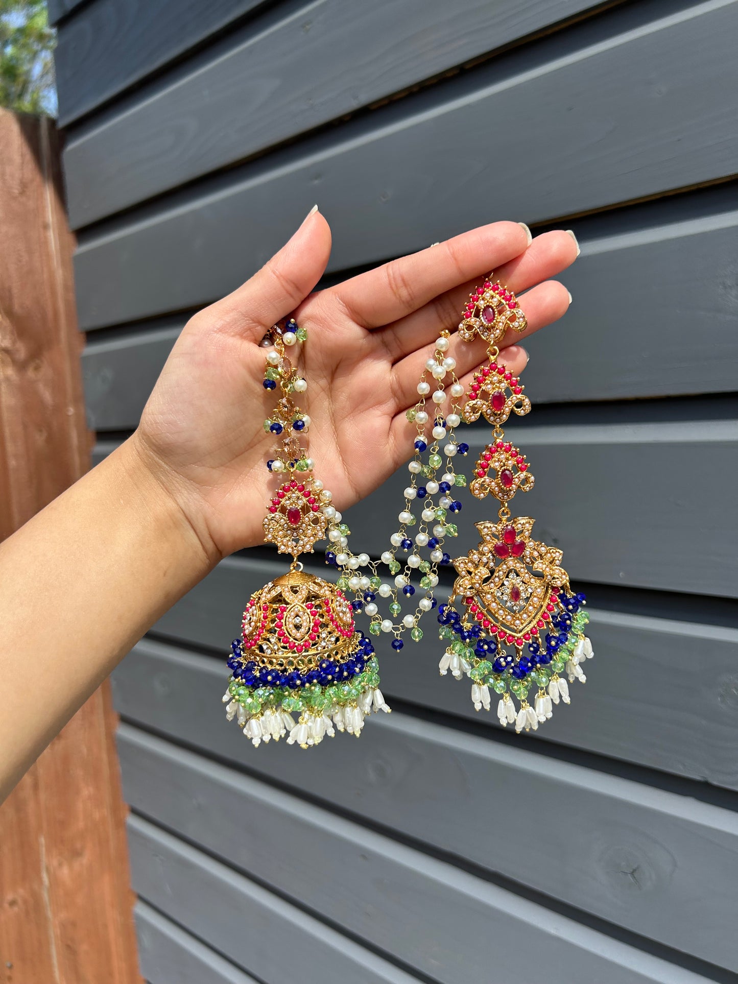 Natalia earring & tikka set~ Royal Blue, Green & Maroon with Gold