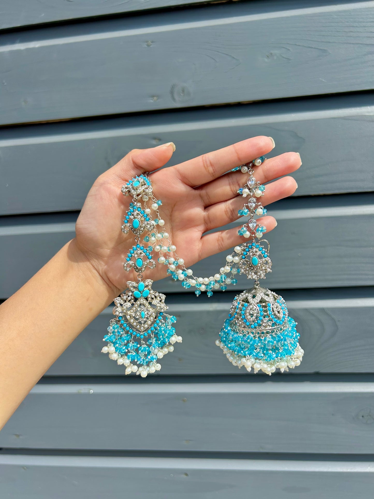 Natalia earring & tikka set~ Baby Blue & Silver