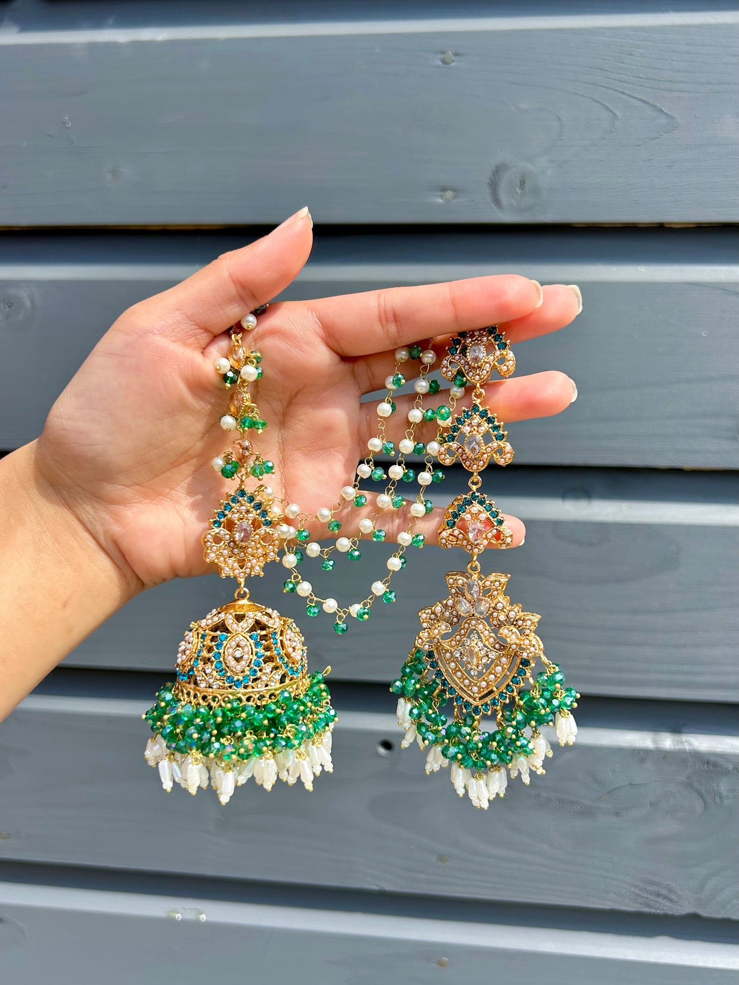 Natalia earring & tikka set~Green tones & Gold