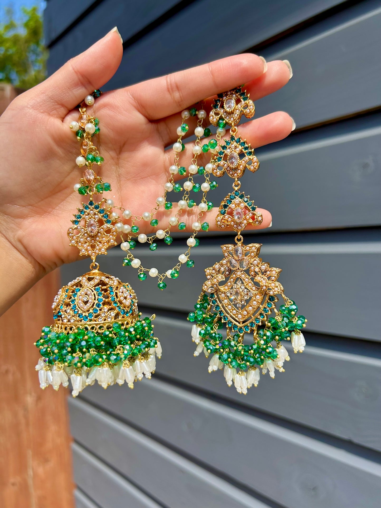 Natalia earring & tikka set~Green tones & Gold