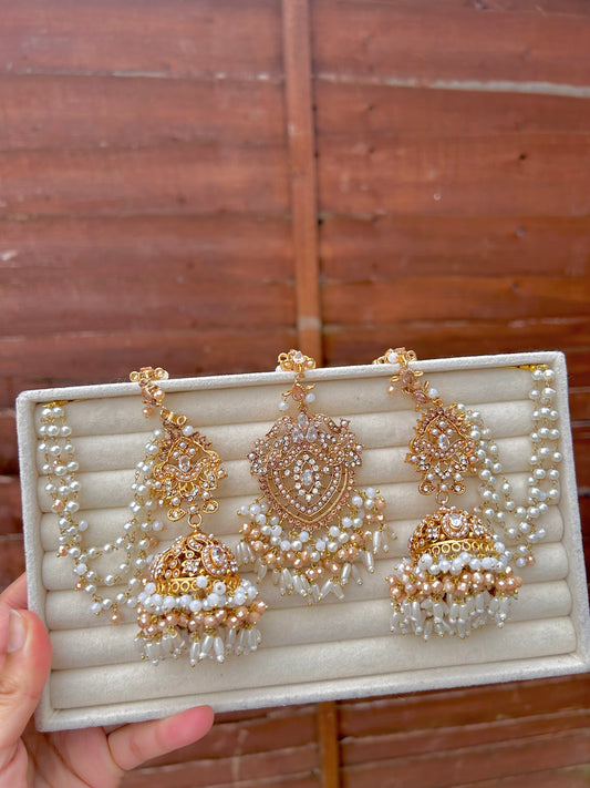 Hadia earring & tikka set ~Pearl&champagne