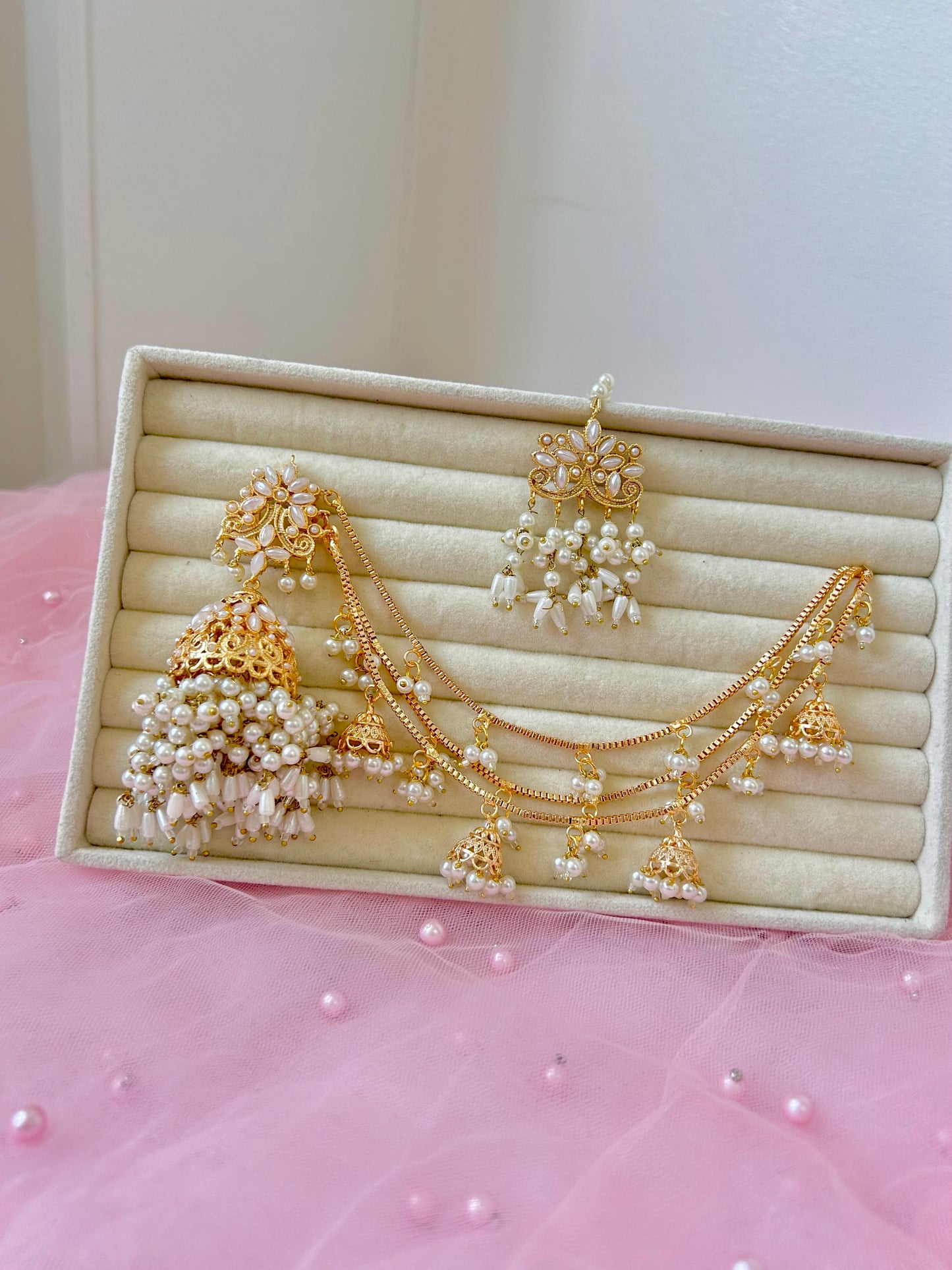 Qudsia earring & tikka set ~Pearl&champagne