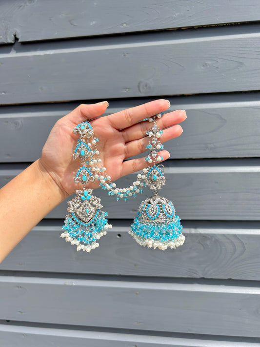 Natalia earring & tikka set~ Baby Blue & Silver